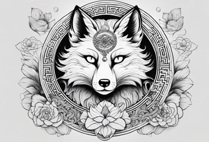 kitsune japonesa em forma de raposa com sua máscara e as fases da lua, corpo inteiro da raposa tattoo idea