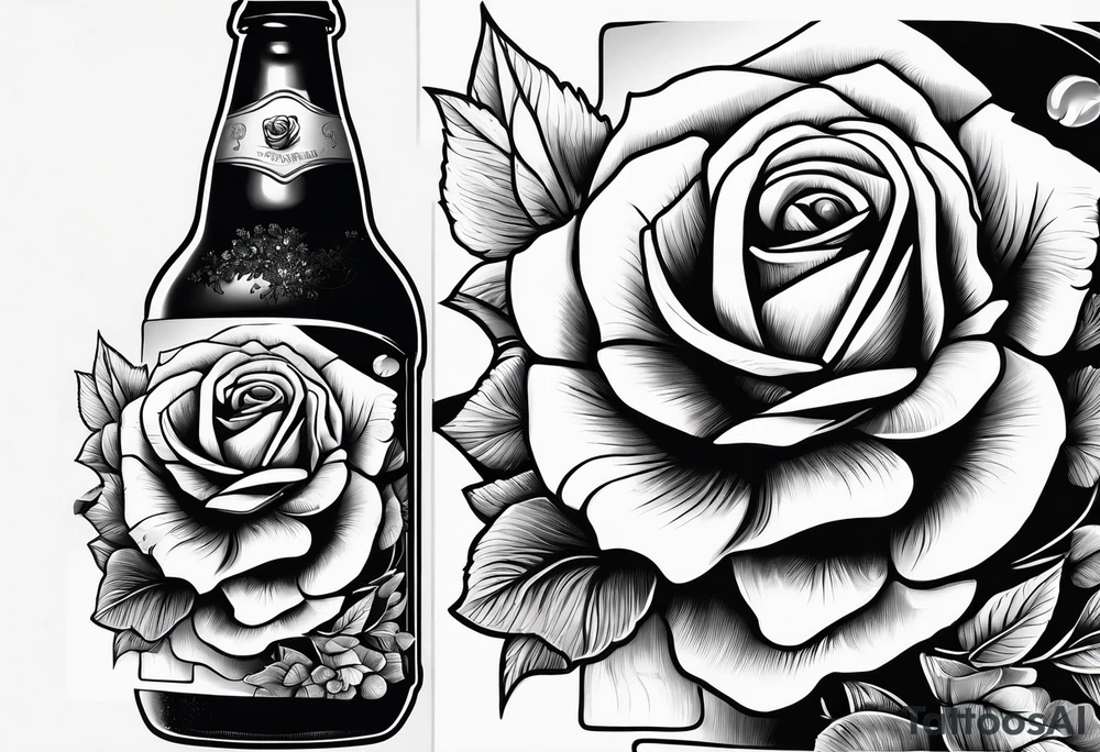 A bottle of beer and a stalk of rose in the bucket tattoo idea