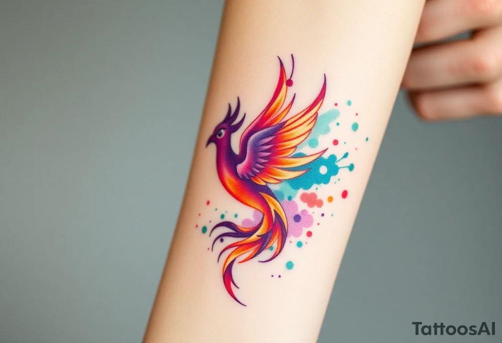 Phoenix with blazing flames with purple, orange, teal and green splashes tattoo idea