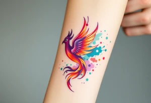 Phoenix with blazing flames with purple, orange, teal and green splashes tattoo idea