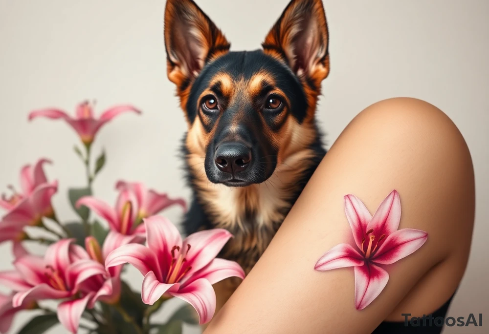 short haired german shepherd with alert ears looking protective surrounded by pink lilies with large leaves in front of a sacred heart tattoo idea