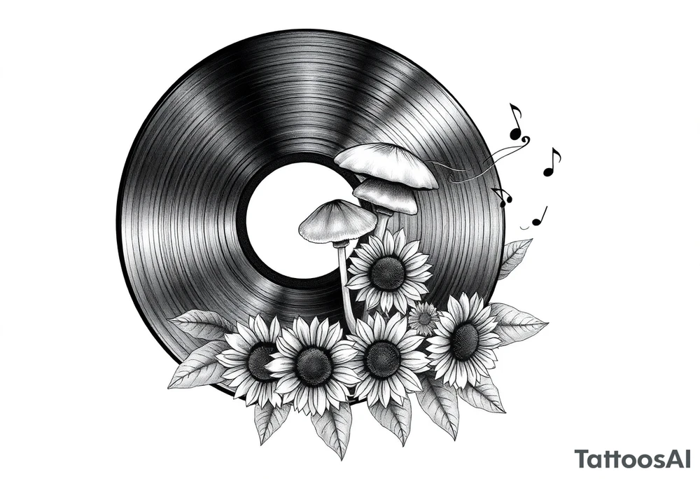 two overlapping vinyl records with mushrooms, sunflowers, and music notes tattoo idea