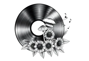 two overlapping vinyl records with mushrooms, sunflowers, and music notes tattoo idea