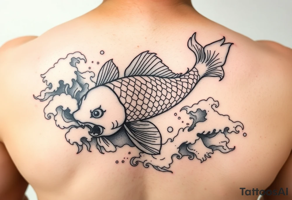 traditional koi fish swimming upstream through turbulent waves tattoo idea