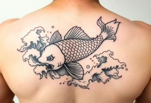 traditional koi fish swimming upstream through turbulent waves tattoo idea