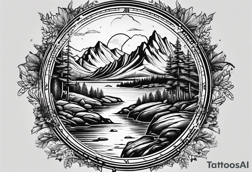 forrest 
river running through rocks and mountains 
open
compass tattoo idea