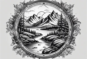 forrest 
river running through rocks and mountains 
open
compass tattoo idea