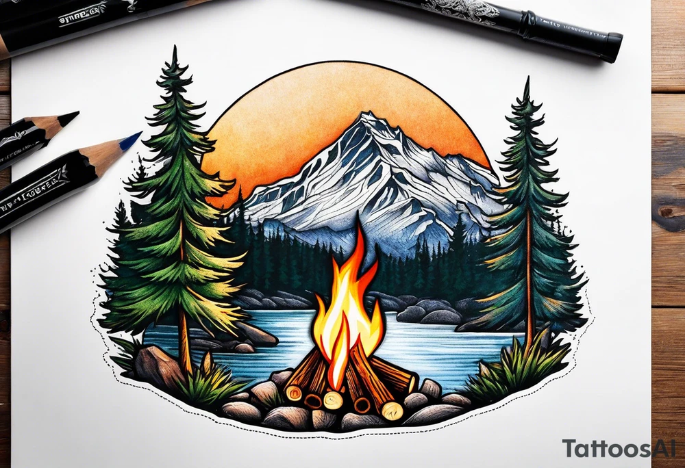 Small campfire in the center, right side: an evergreen tall tree, left side: mountain stream tattoo idea