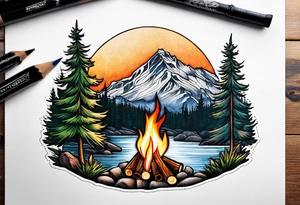 Small campfire in the center, right side: an evergreen tall tree, left side: mountain stream tattoo idea