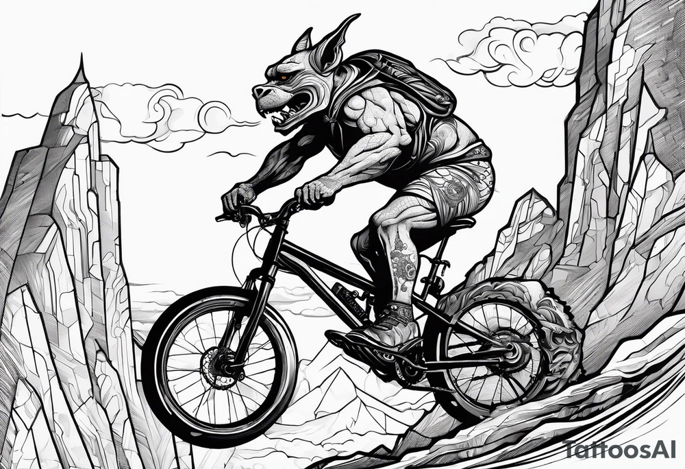 gargoyle riding a full suspension mountain bike with a shadow no background tattoo idea