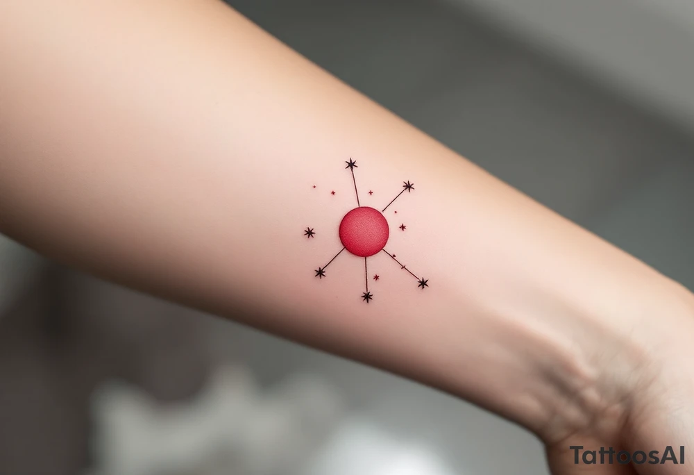 A Virgo  in crimson red centers the arm with delicate white stars constelltion orbiting in its form. tattoo idea