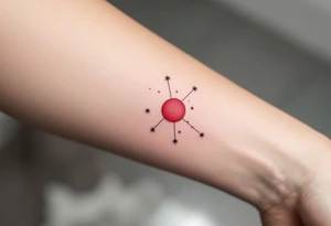 A Virgo  in crimson red centers the arm with delicate white stars constelltion orbiting in its form. tattoo idea
