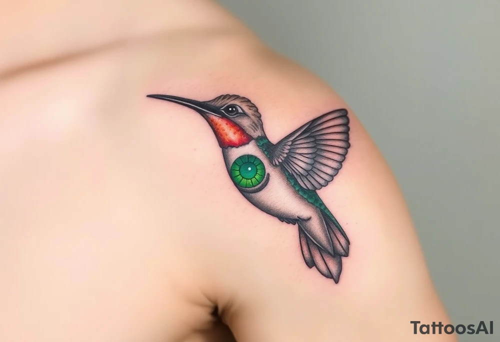 A hummingbird with a single glowing green eye, inspired by the Eye of Horus (only red , blue and black are possible colors) tattoo idea