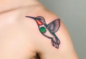 A hummingbird with a single glowing green eye, inspired by the Eye of Horus (only red , blue and black are possible colors) tattoo idea