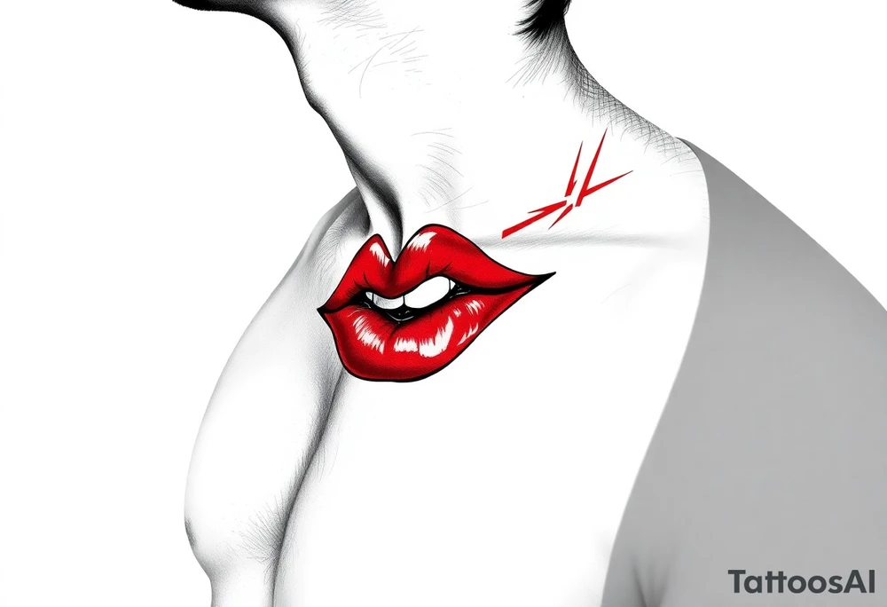 Come up with a cover up of red lip print on the collar bone for a man. tattoo idea