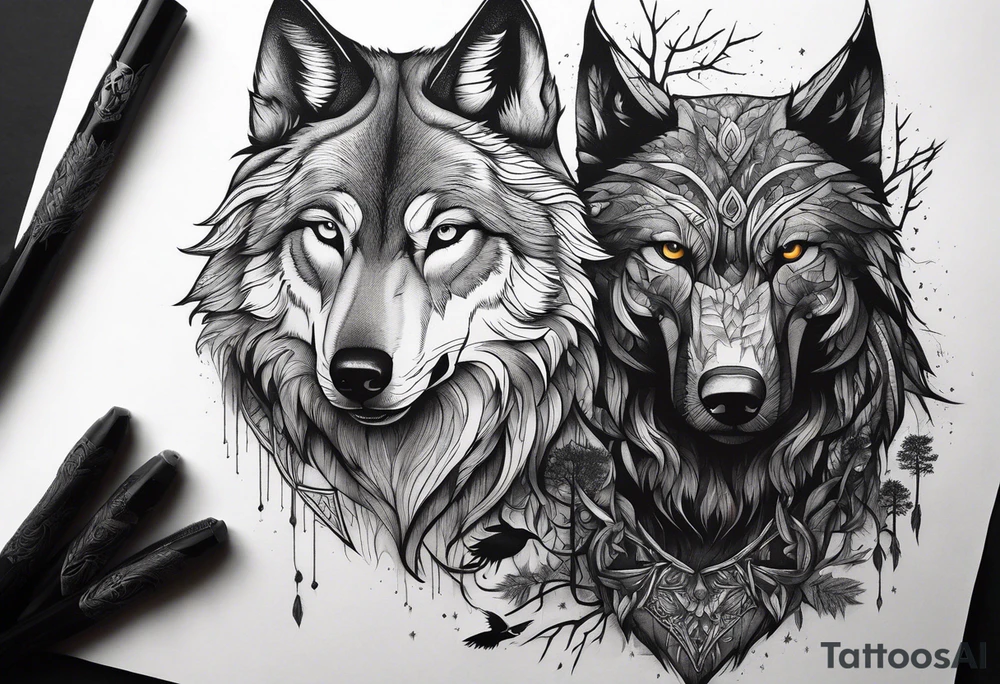 main character is an impressive powerful wolf, a crow talks to the wolf, background a gloomy mysterious forest tattoo idea