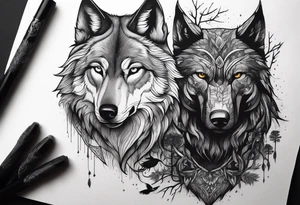 main character is an impressive powerful wolf, a crow talks to the wolf, background a gloomy mysterious forest tattoo idea