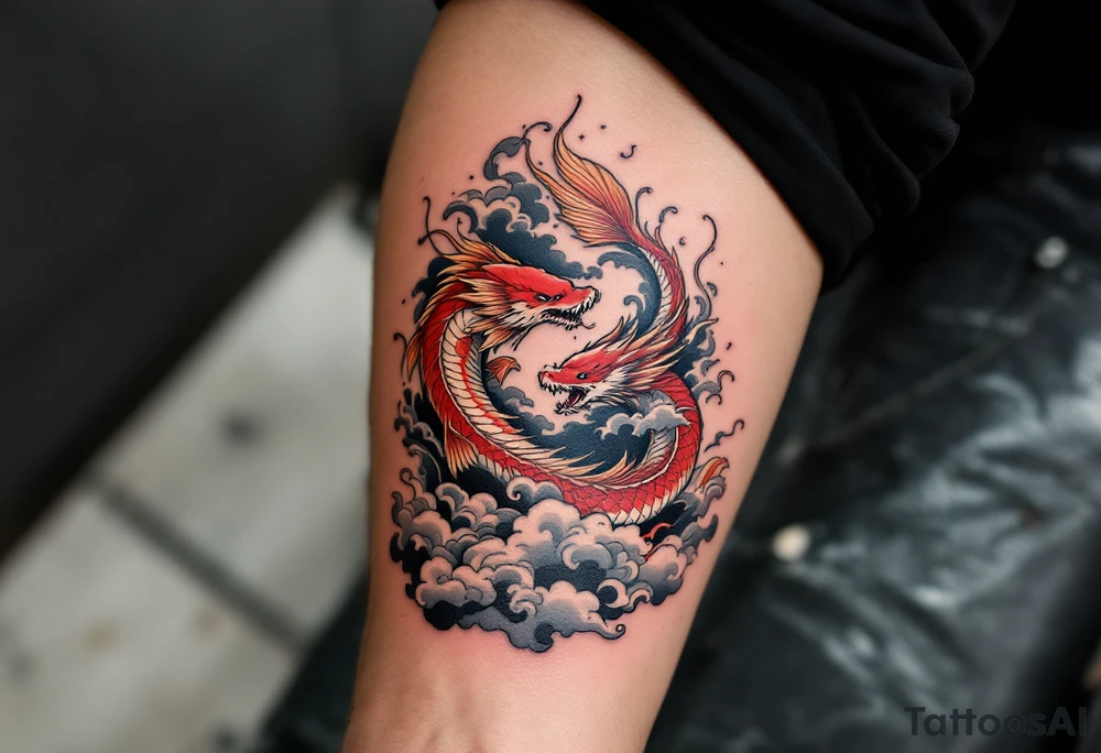 Red Koi in Dragon Shape – A stylized red koi morphing into a dragon as it ascends through swirling clouds, representing transformation and victory. tattoo idea