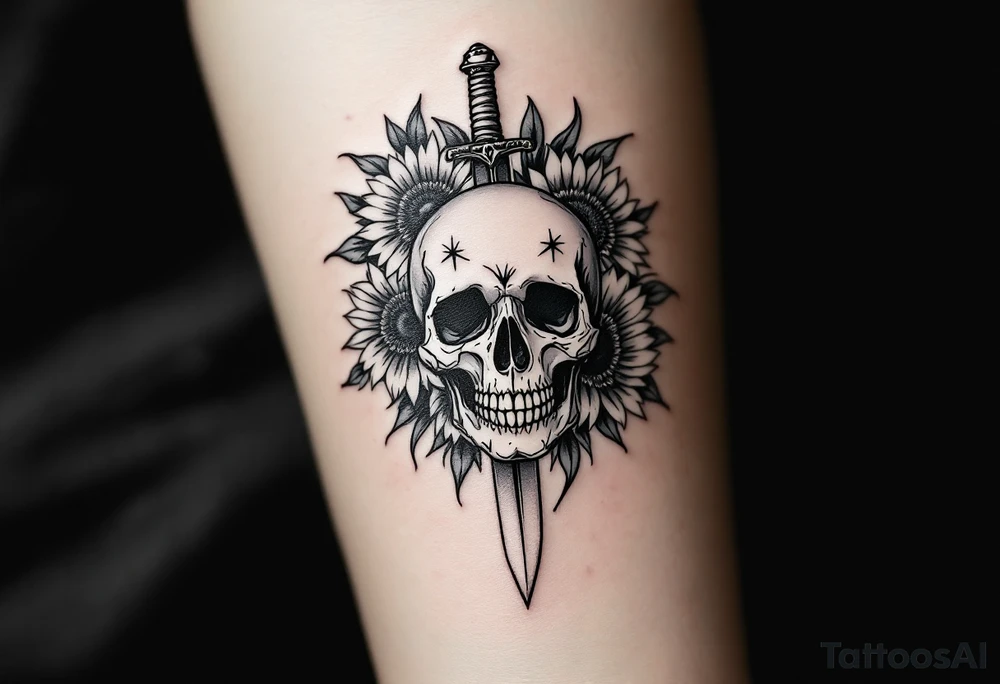 Skull, heart and dagger with roses and sunflowers tattoo idea