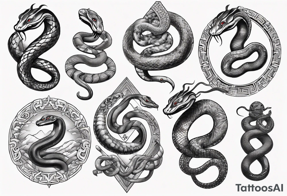 snakes interlocking around a Buddhist amulet that represents strength, protection, and love tattoo idea