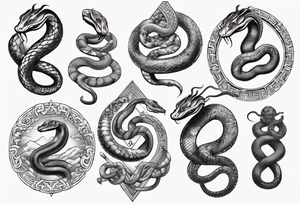 snakes interlocking around a Buddhist amulet that represents strength, protection, and love tattoo idea