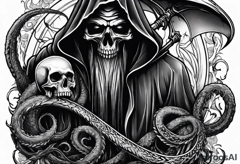 Grim reaper with a kraken in the background tattoo idea