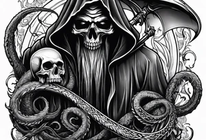 Grim reaper with a kraken in the background tattoo idea