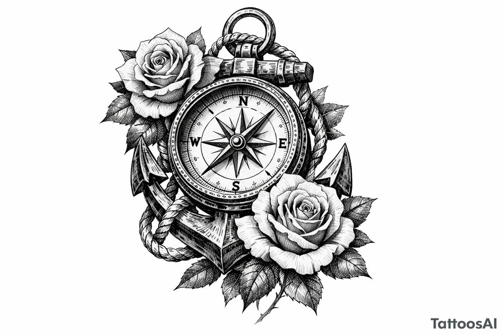 a compass,anchor,roses. tattoo idea