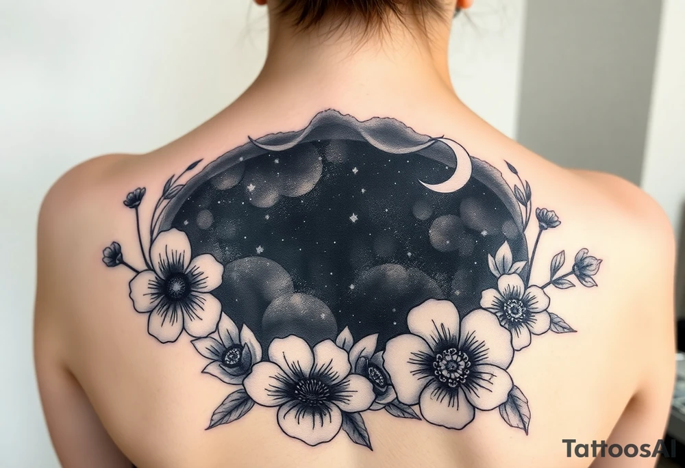 Night sky with constellation, stars & moon seen from a frame of flowers tattoo idea