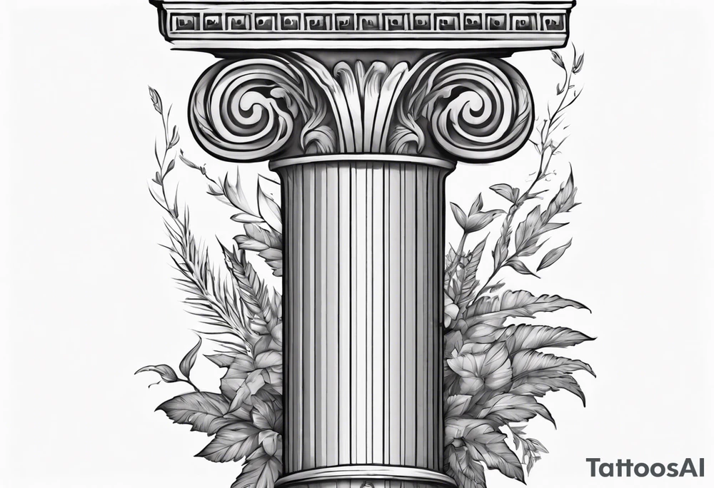 Half of an ancient Roman pillar in the Ionian style. It has a few cracks on it and some overgrown plants at the bottom. tattoo idea