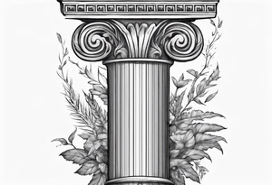 Half of an ancient Roman pillar in the Ionian style. It has a few cracks on it and some overgrown plants at the bottom. tattoo idea