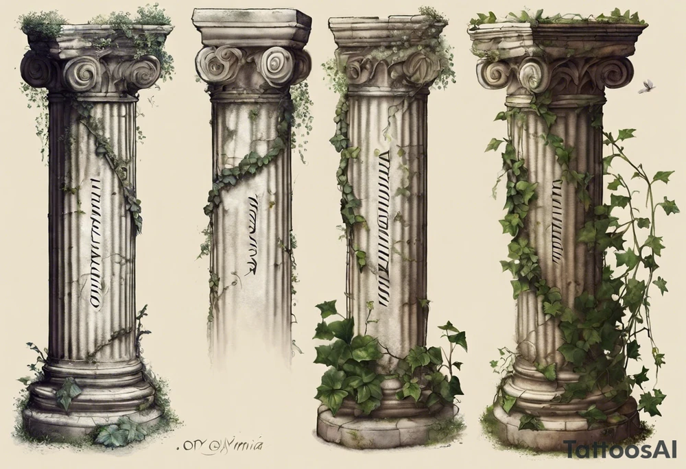 I want an ancient Roman pillar, with apparent cracks on it and a little bit of overgrown plants such as, but not limited to, ivy. The top part of the pillar has fallen off and is found to the right of the pillar. The top part shows that it is an Ionian pillar and has the word "OMNIA" written on it. The tattoo has some shading as the pillar is turned very slightly, about 10 degrees, to the right. tattoo idea