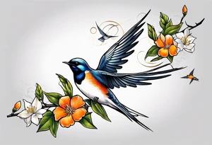 swallow leaving on an orange blossom branch with its wings up tattoo idea
