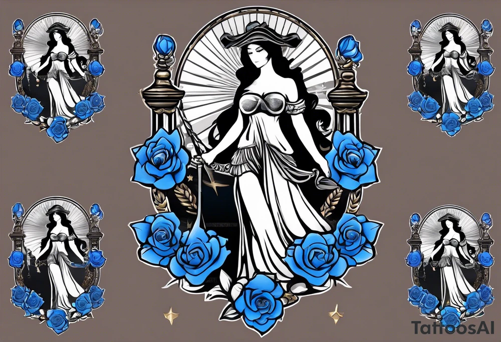 Lady Justice, 
Blindfold:
Scales: 
 Lady Justice is shown with black hair, which is a unique artistic choice compared to the more traditional representations. The scales, blindfold, and sword are all present, adhering to the classic iconography but with a modern and colorful twist. blue roses frames, background blue,present it in a tattoo tattoo idea