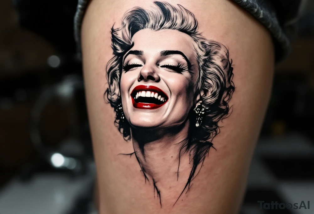 Monroe laughing, in black and grey, with her lips colored in deep crimson. tattoo idea