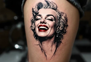 Monroe laughing, in black and grey, with her lips colored in deep crimson. tattoo idea
