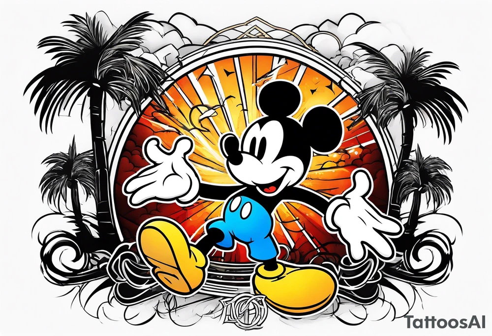mickey mouse in a lightning storm with palm trees and the celtic symbol for family tattoo idea