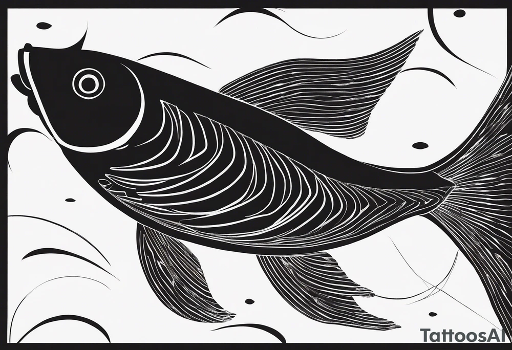 A black-and-white silhouette of a koi fish in a calligraphy style, viewed from above. The fish is intricately outlined with sharp, fluid lines, emphasizing its graceful, curved body. The koi fish is depicted with bold black and white contrasts, with simple, abstract shapes indicating where orange would normally be, but left as stark black and white outlines. The splash of water and ink blobs surrounding the fish are represented by bold, sweeping black shapes, with intricate details, giving the illusion of movement. The dark surface beneath the fish is solid black, providing a stark contrast to the white fish and water splashes. The overall composition is clean, with strong contrasts and no gradients, capturing the elegant fluidity of the koi in a minimalist, high-contrast silhouette. tattoo idea