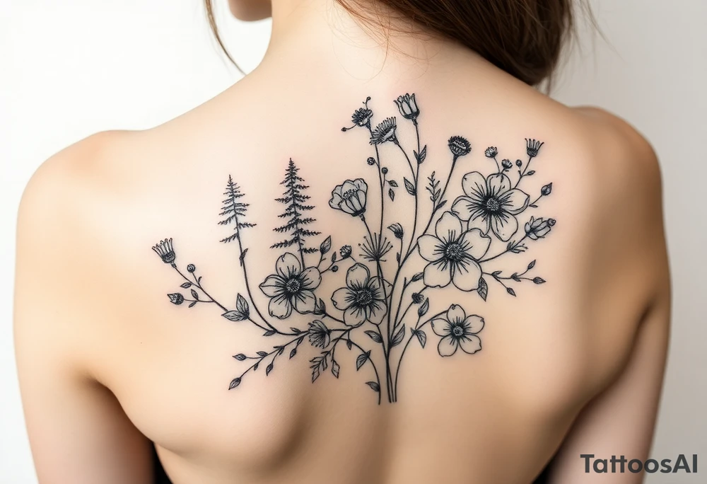 Northern woods with wild flowers tattoo idea