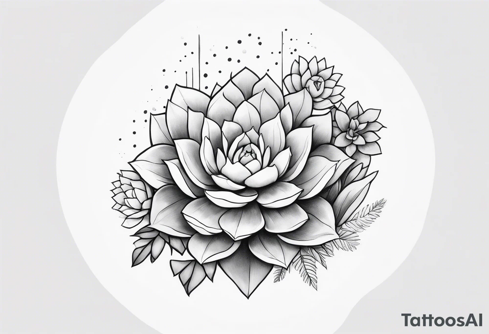 fine line. one big succulent in the middle. Two smaller succulents on the side. Dots and floral
. Sternum tattoo grey scale shading tattoo idea