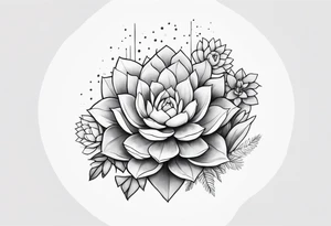 fine line. one big succulent in the middle. Two smaller succulents on the side. Dots and floral
. Sternum tattoo grey scale shading tattoo idea