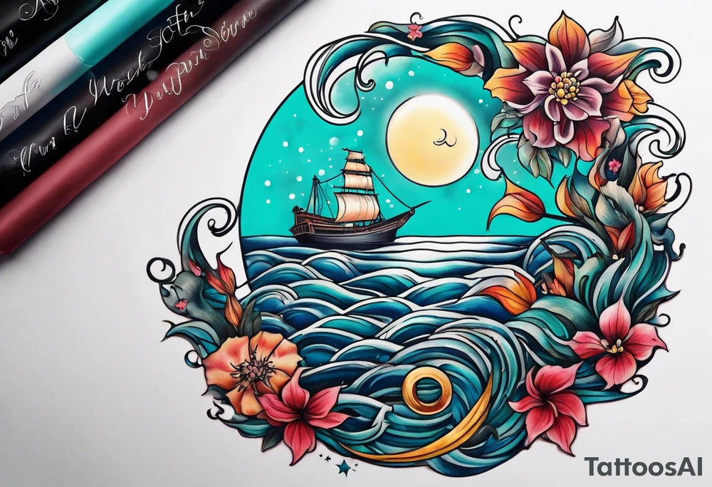 sea under moon tattoo idea