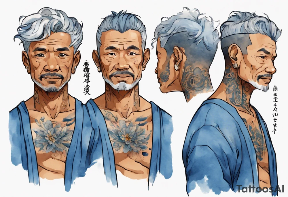 a handsome brown-skinned middle-aged man with short salt-and-pepper hair wearing a blue tunic tattoo idea