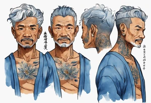 a handsome brown-skinned middle-aged man with short salt-and-pepper hair wearing a blue tunic tattoo idea