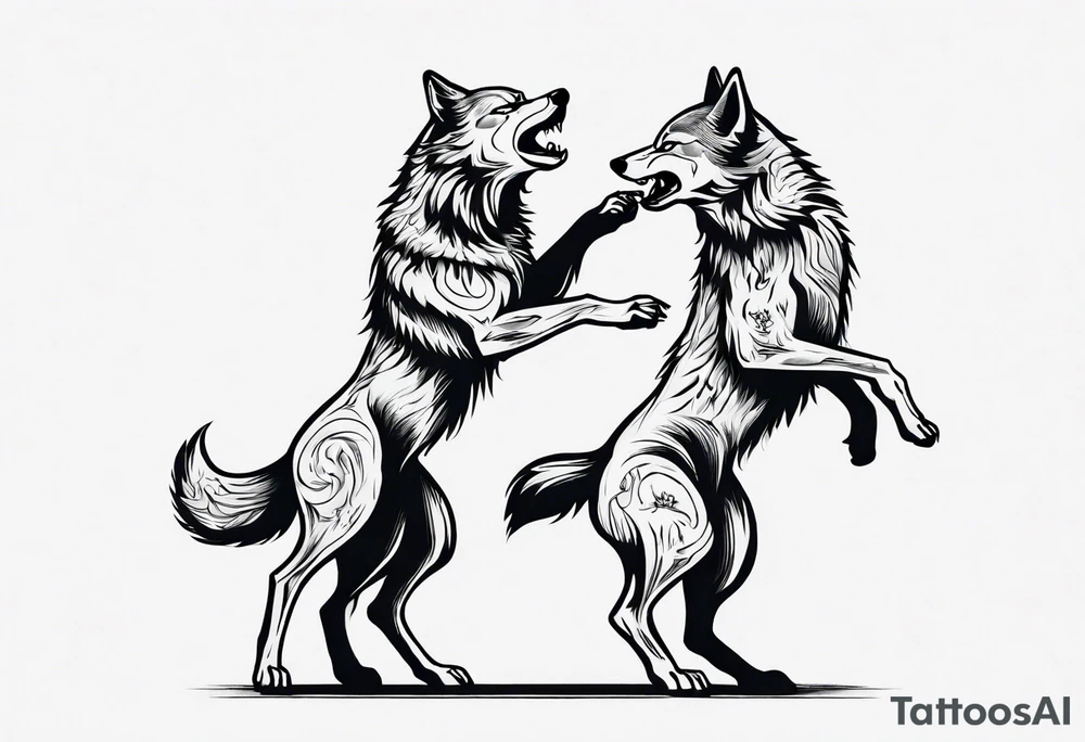 two wolves dancing on their hind legs. they should be visibly dancing and facing one another. They should have their jaws closed tattoo idea