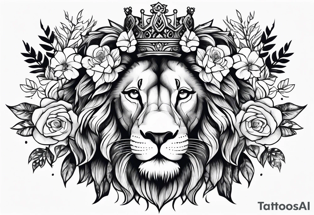 Lion flowers crown cross tattoo idea