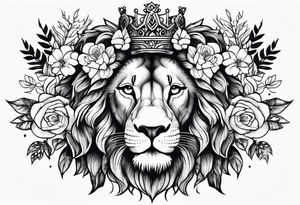 Lion flowers crown cross tattoo idea