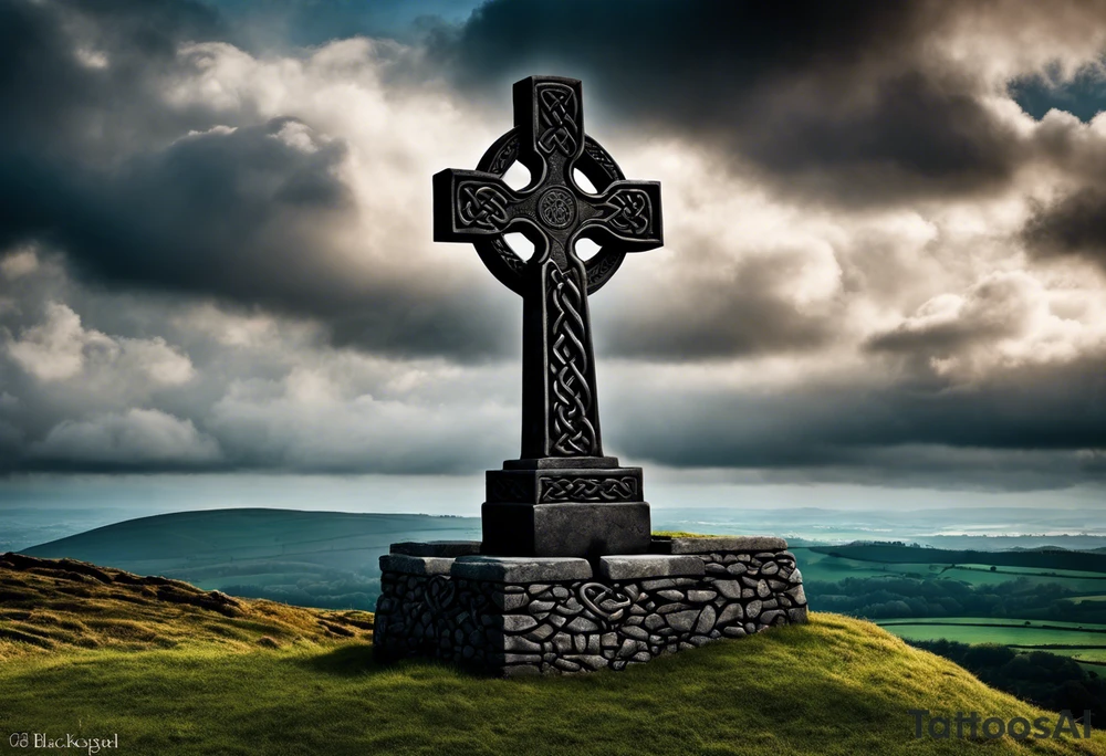 A monochromatic scene dominated by the presence of a stone Celtic cross standing tall and solemn atop a hill. The cross is intricately carved with intertwining knots and spirals, typical of the Celtic art style. Its blackened surface is weathered and worn, accentuating its age and the enduring strength of its presence. Beside the cross, a crumbling stone wall runs down the hill, its broken remains a testament to the passage of time and the inevitable effects of nature's forces. At the base of the cross, a raven perched on its arm, its ebony feathers contrasting starkly against the white stone. The bird's head is cocked to the side, as if observing the landscape below with a curious gaze. The background is dominated by rolling hills and misty mountains in the distance, creating a sense of isolation and timelessness. The sky above is cloudy and overcast, adding to the somber atmosphere of the scene. tattoo idea