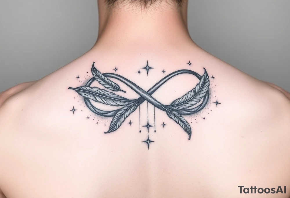 infinity symbol woven with floating feathers and stardust tattoo idea
