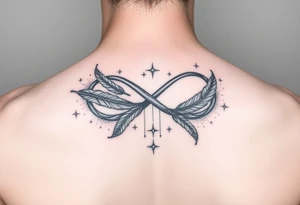infinity symbol woven with floating feathers and stardust tattoo idea